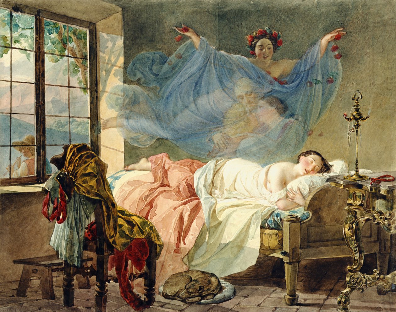 Sny mladé dívky za svítání, 1830-33 (wc na kartě) od Karl Pavlovich Bryullov