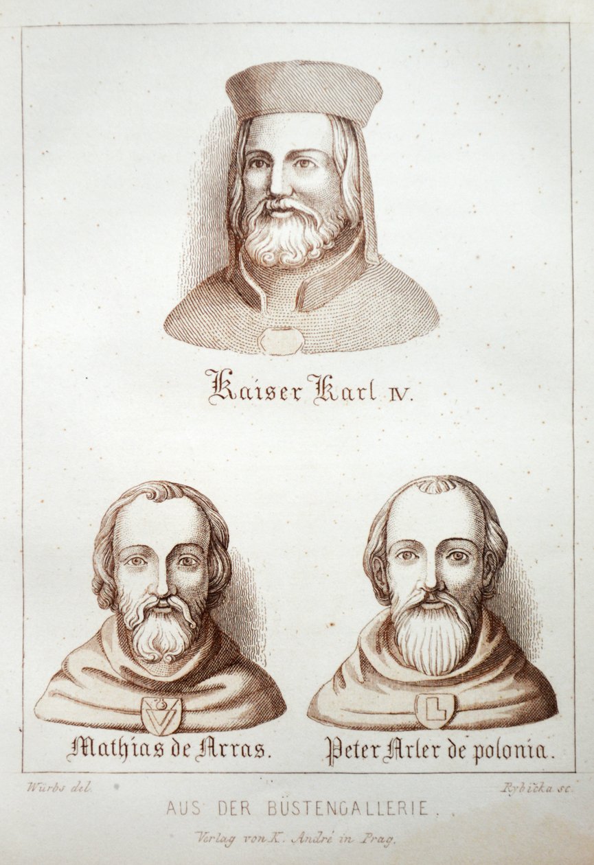 Ilustrace z knihy Der Dom zu Prag z roku 1858, která zobrazuje busty v galerii chrámu sv. Víta od Karl Wurbs