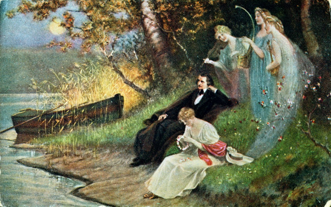 Pohlednice zachycující Roberta Schumanna (1810-56) s Múzami, cca 1910 od Karl the Elder Schweninger
