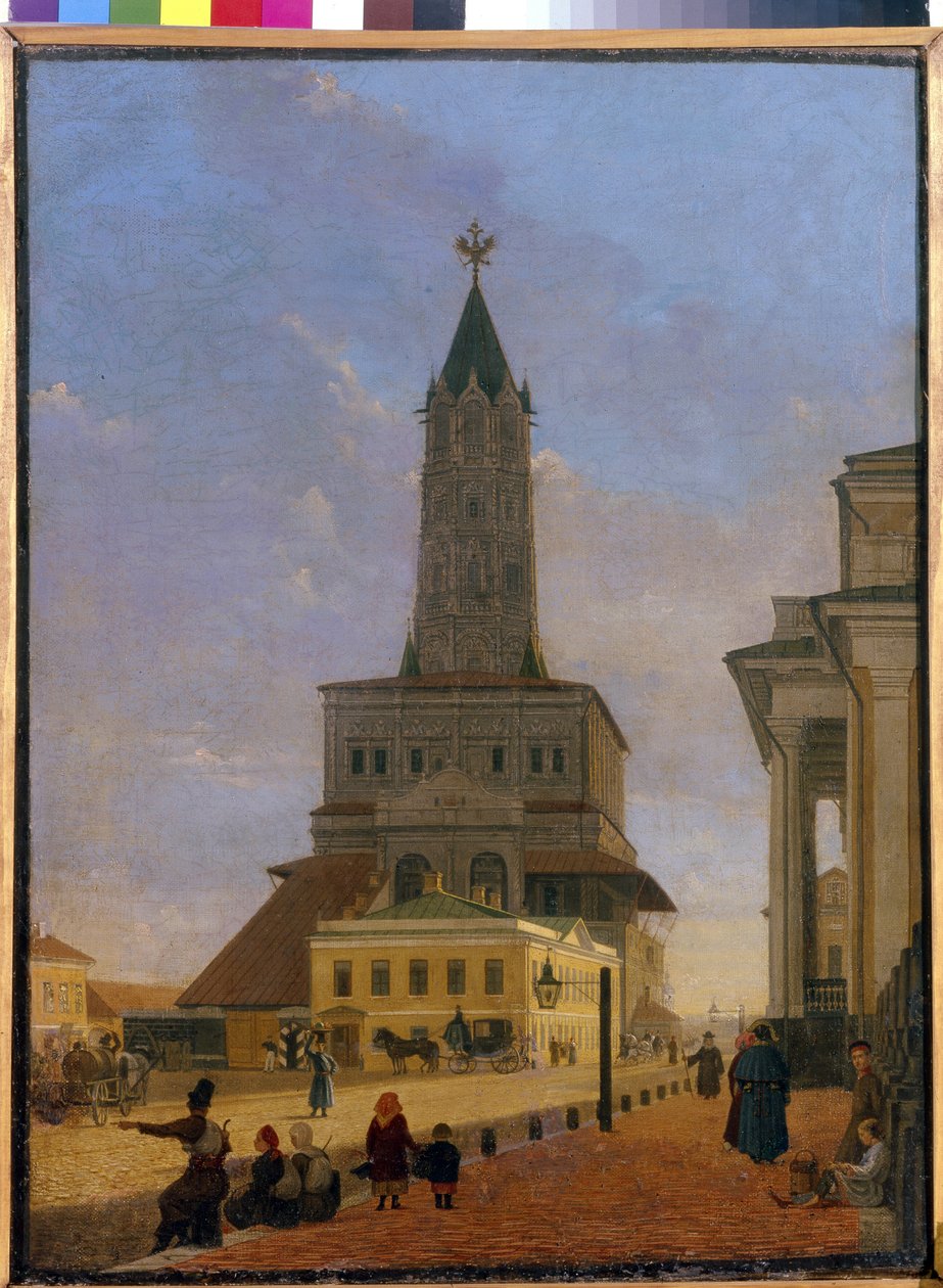 Sucharevova věž v Moskvě. Byl postaven v roce 1695 architektem Tchoglokovem a zbořen v roce 1934 a nacházel se na rohu prstence zahrad a ulice Stretenka. Obraz Karla Petroviče Bodriho (1812-1894), olej na plátně od Karl Fridrikh Petrovich Bodri