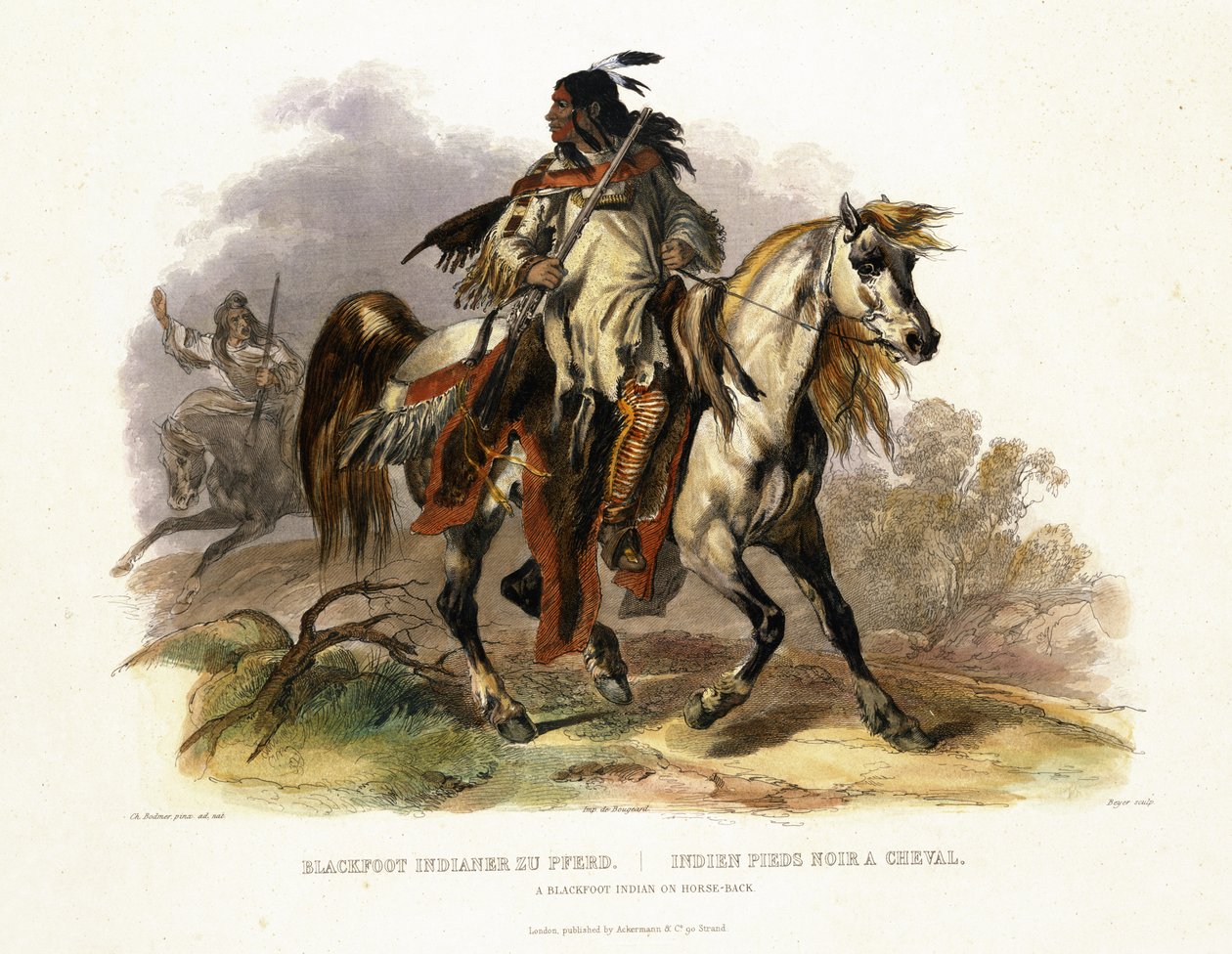 Černonohý indián na koni, deska 19 ze svazku 1 „Cesty ve vnitrozemí Severní Ameriky“, vyrytý Leopold Beyer (1784-c.1870) 1843 (akvatinta) od Karl Bodmer