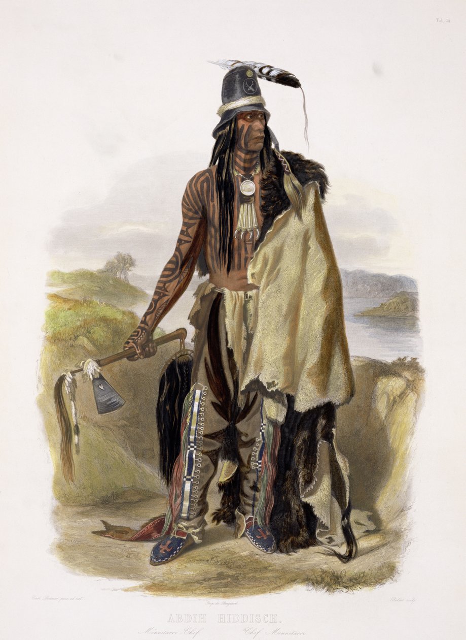Abdih Hiddisch, Minitarre Chief, deska 24 ze svazku 2 „Cesty ve vnitrozemí Severní Ameriky“, vyrytý Rolletem, 1844 (akvatinta) od Karl Bodmer
