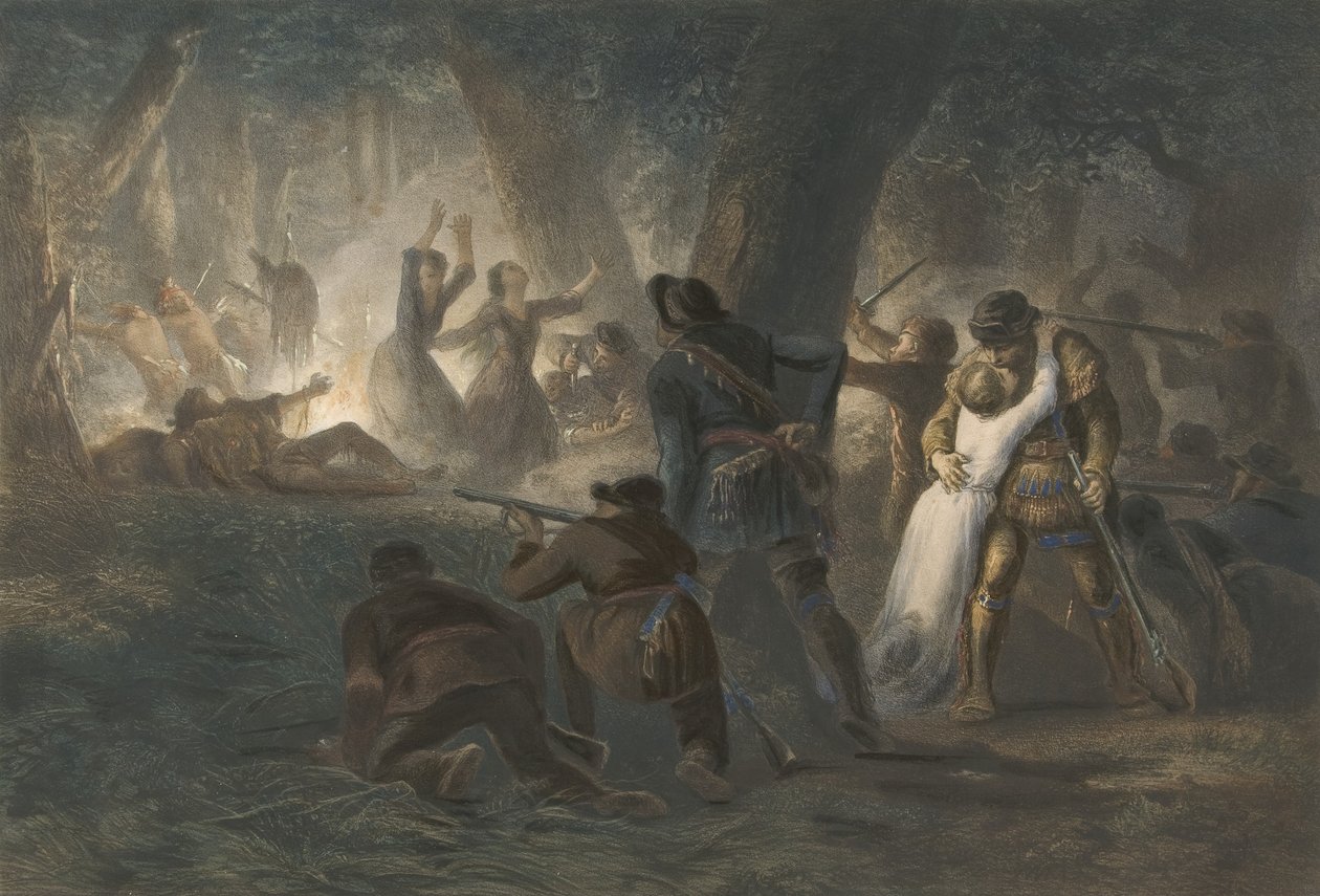 Vysvobození dcer Daniela Boona a Richarda Callawaye, vyd. 1852 (barevná rytina) od Karl Bodmer