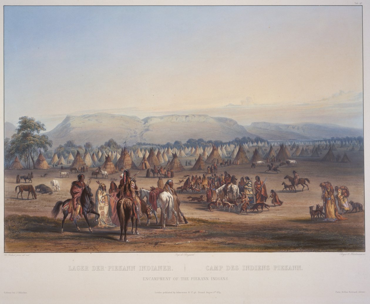 Tábor indiánů Piekann, rytina Beyer und Hurliman, vydaná v roce 1839 (akvatinta) od Karl Bodmer