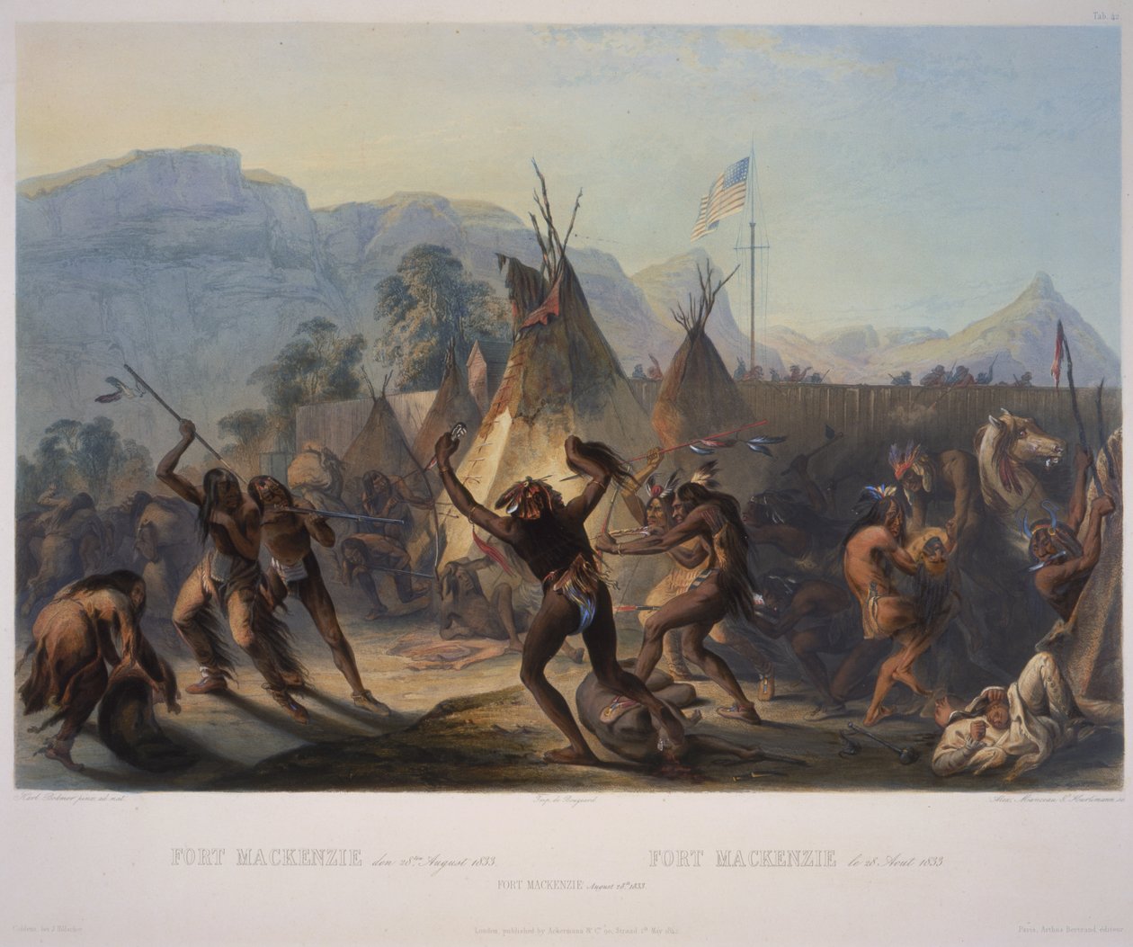 Fort McKenzie, 28. srpna 1833, rytý Manceau und Hurliman, publikoval v roce 1842 (akvatinta) od Karl Bodmer