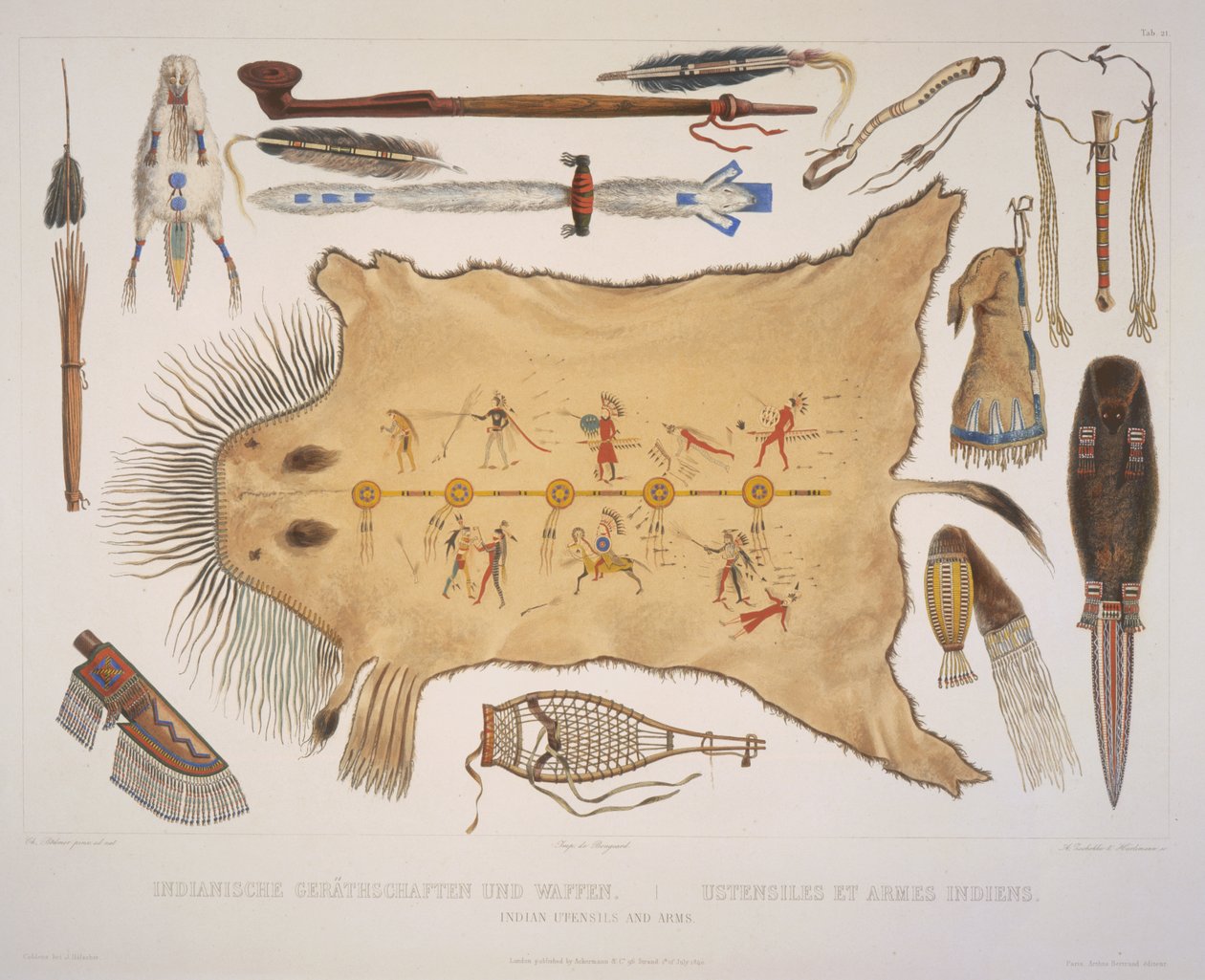 Indiánské náčiní a zbraně, vyryto A. Zschokkem a J. Hurlimanem, vydáno v roce 1840 (akvatinta) od Karl Bodmer