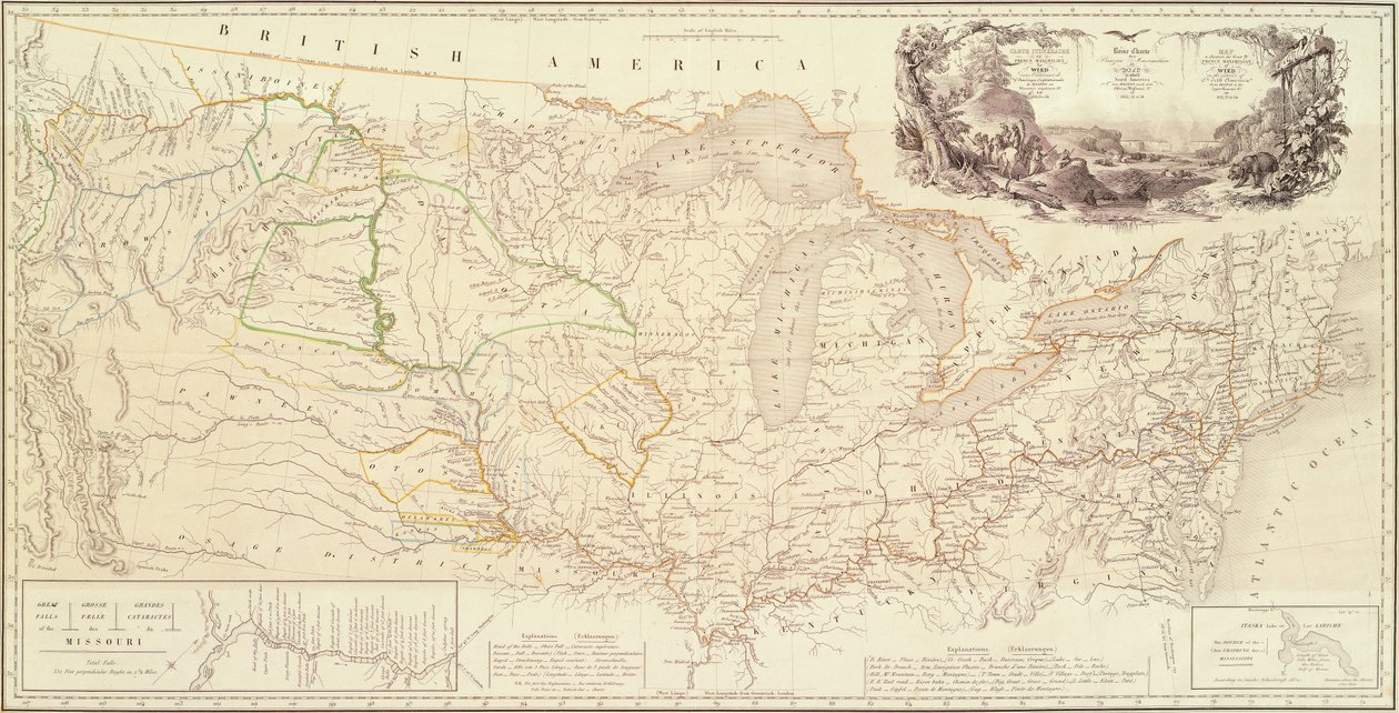 Mapa pro ilustraci cesty prince Maxmiliána z Wied ve vnitrozemí Severní Ameriky z Bostonu do Horní Missouri od Karl Bodmer