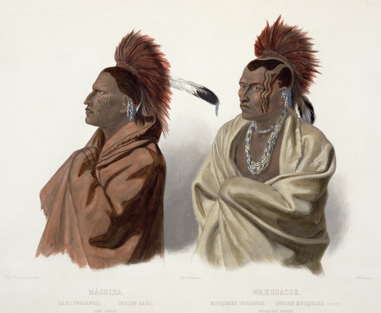 Massika, indián Saki, a Wakusasse, indián Musquake, deska 3 ze svazku 2 knihy "Travels in the Interior of North America", vyryl J. Hurlimann, 1844 (akvatinta) od Karl Bodmer