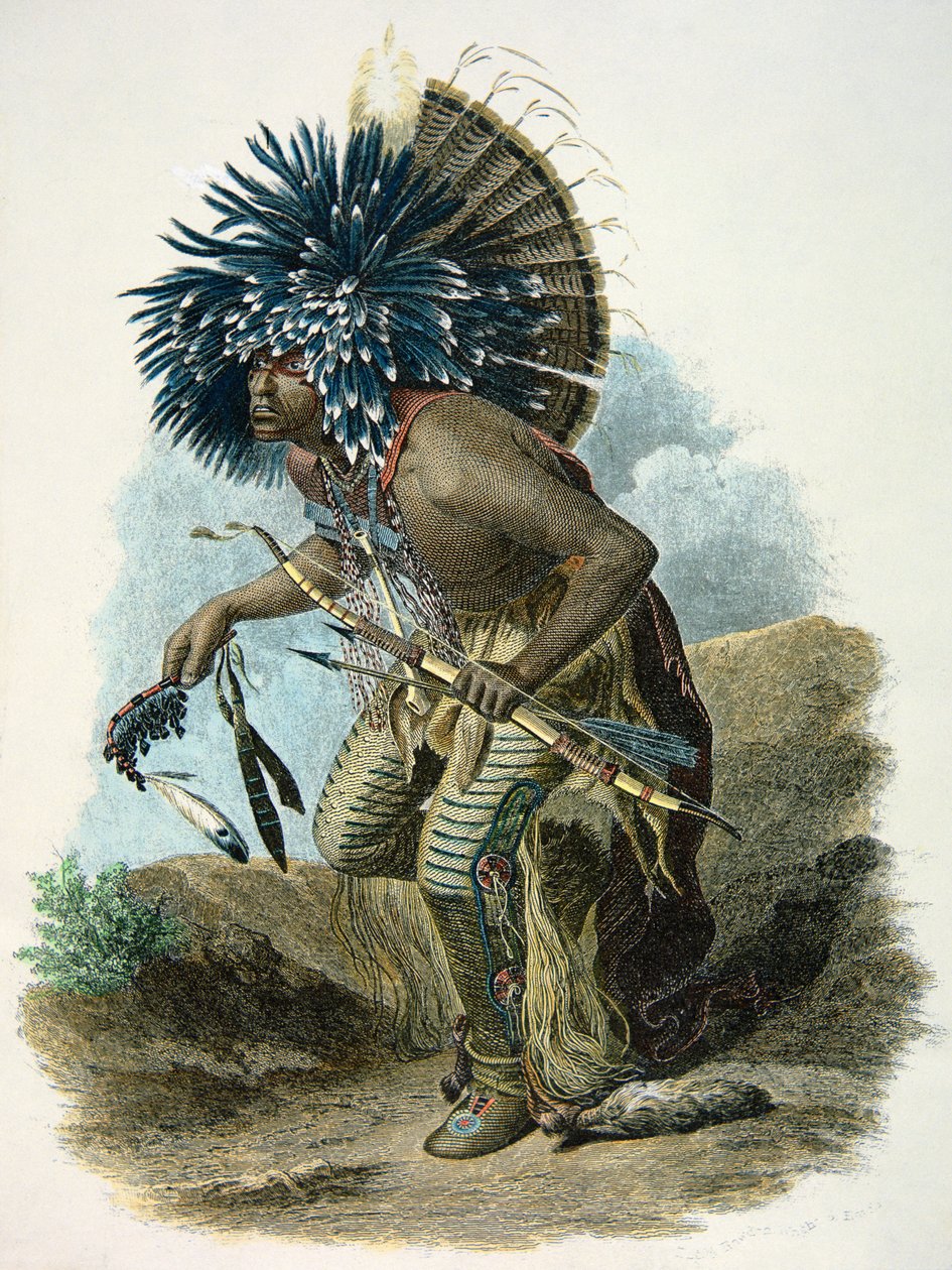 Medicín z kmene Mandanů v kostýmu psího tance od Karl Bodmer