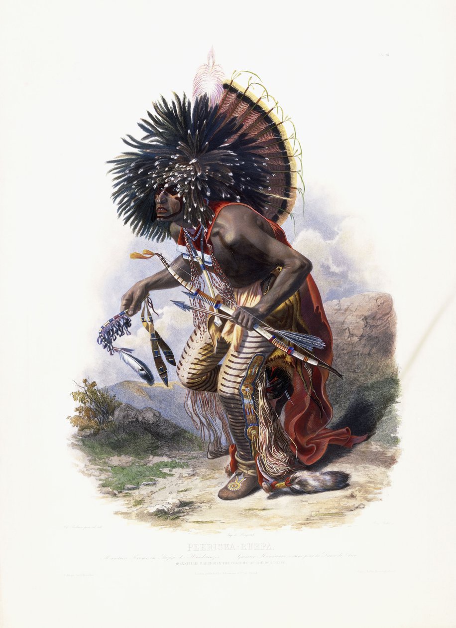 Pehriska-Ruhpa, Moennitarri Warrior v kostýmu Dog Danse, 1840 od Karl Bodmer