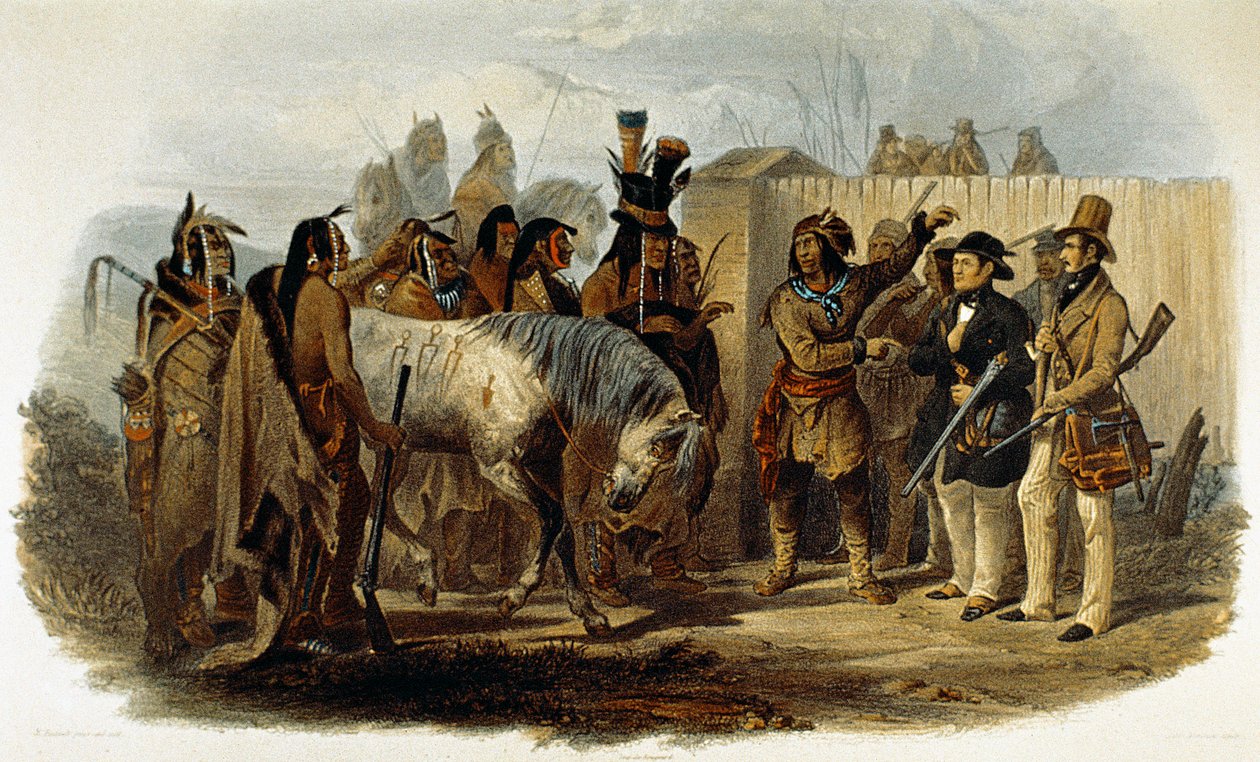 Princ Max von Wied-Neuwied (1782-1867) a Karl Bodmer jsou vítáni Indiány Hidatsa od Karl Bodmer
