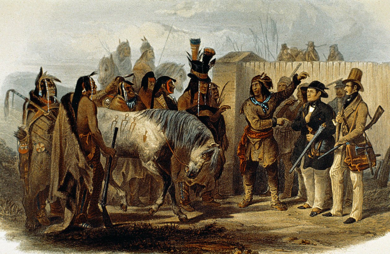 Princ Max von Wied-Neuwied (1782-1867) a Karl Bodmer jsou vítáni Indiány Hidatsa od Karl Bodmer