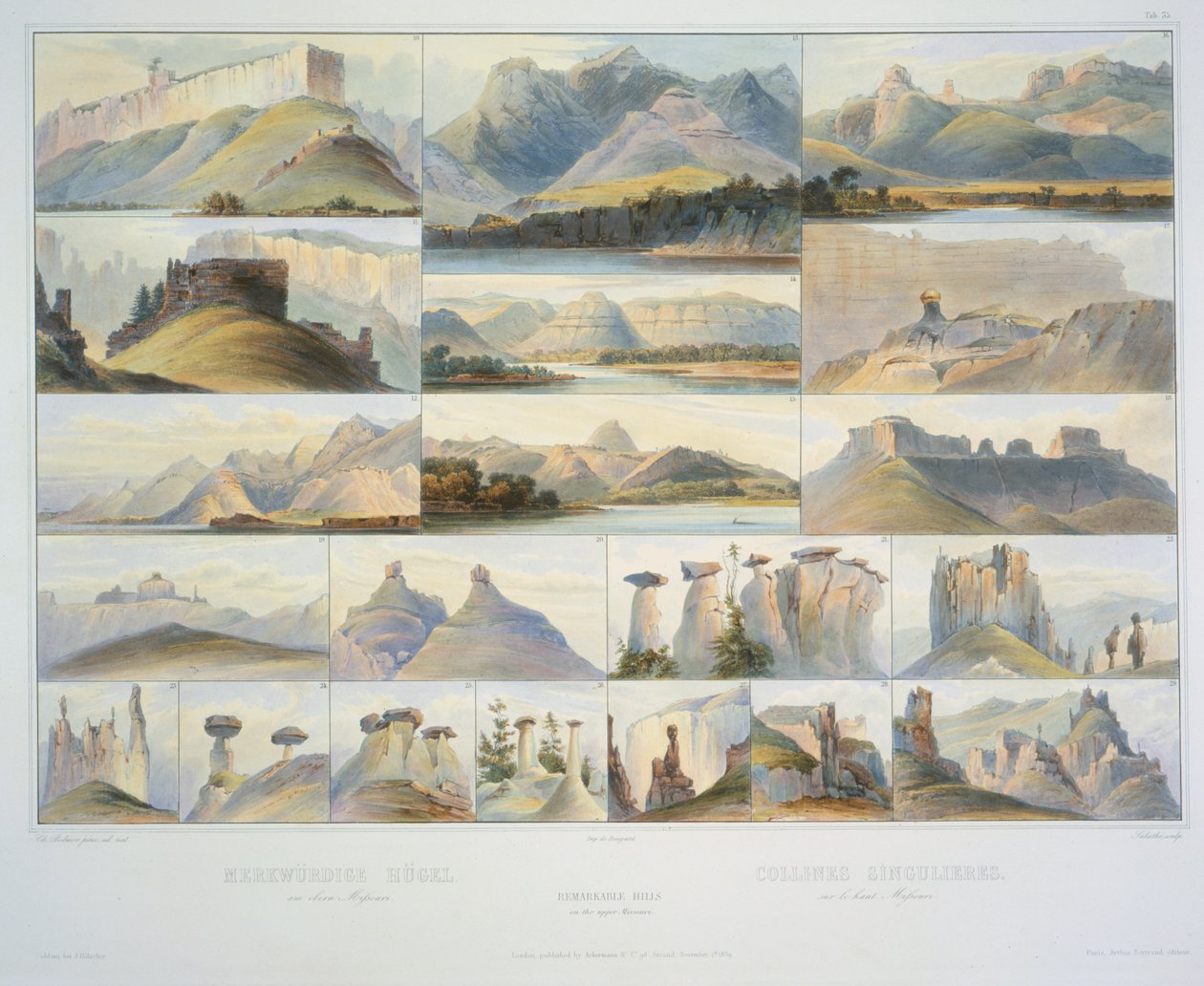 Remarkable Hills on the Upper Missouri, rytina F. Salathe, publikuje v roce 1839 (akvatinta) od Karl Bodmer
