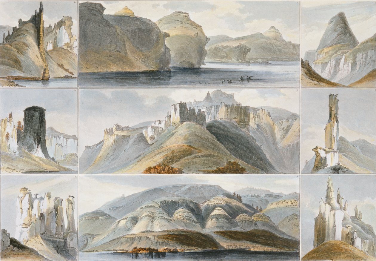 Pozoruhodné kopce na Upper Missouri, deska 34 ze svazku 2 „Cesty ve vnitrozemí Severní Ameriky“, vyryl Friedrich Salathe (1793-1858) 1844 (akvatinta) od Karl Bodmer