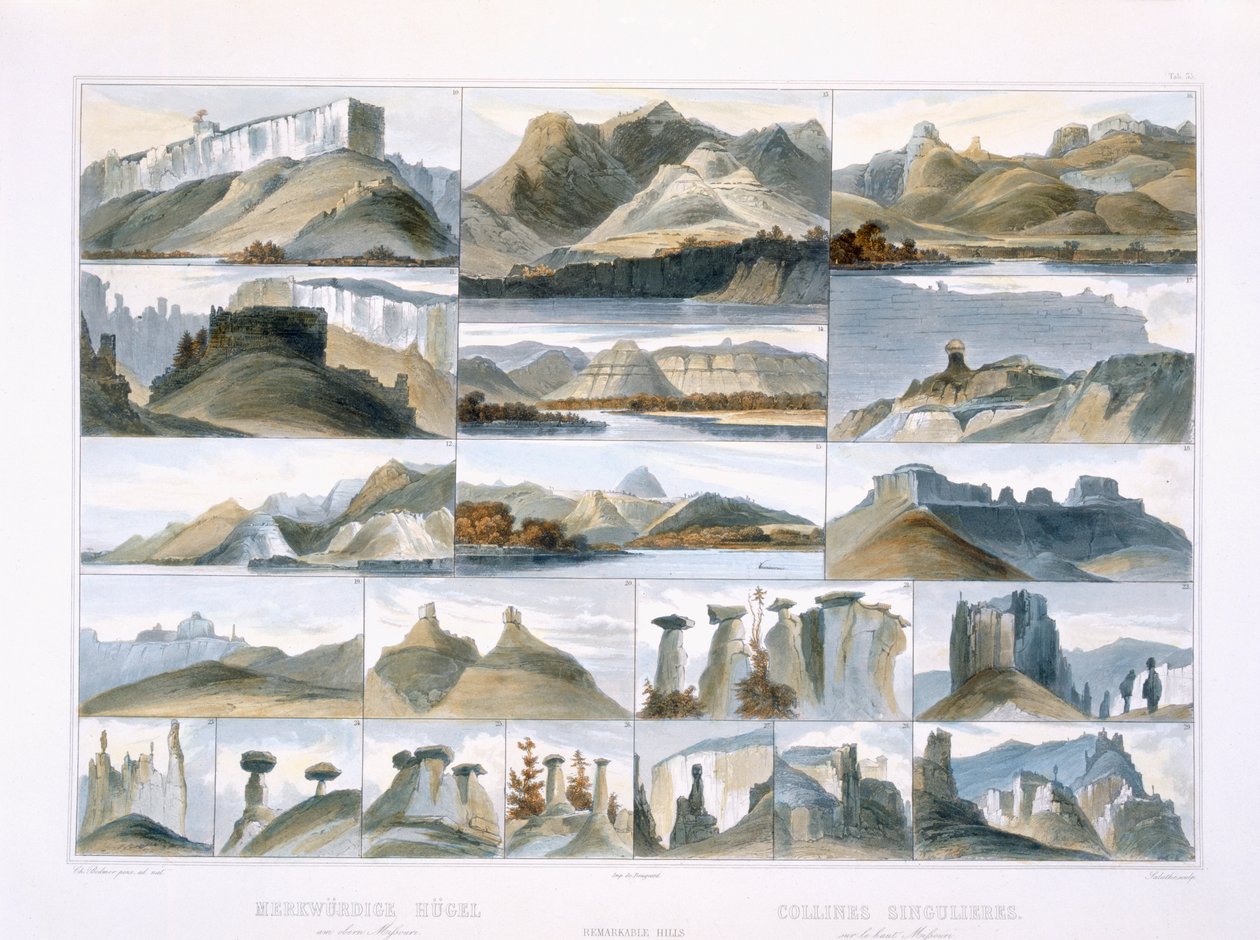 Pozoruhodné kopce na Upper Missouri, deska 35 ze svazku 2 „Cesty ve vnitrozemí Severní Ameriky“, vyryl Friedrich Salathe (1793-1858) 1844 (akvatinta) od Karl Bodmer