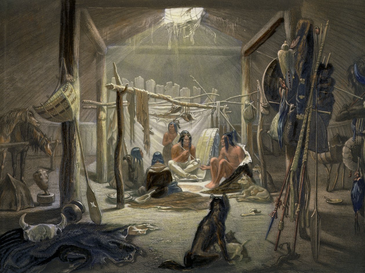 Interiér chatrče Mandanského náčelníka, deska 19 z 2. dílu Cesty po vnitrozemí Severní Ameriky, vyryla Narcisse Desmadryl, 1844 barevný detail akvatinty z 103848 od Karl Bodmer