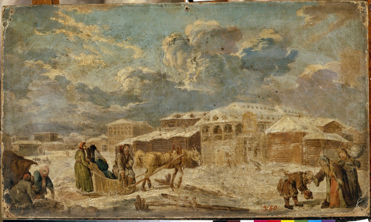 Náměstí v zimě (Saint Petersburg). Městská krajina s budovami a dřevěnými domy. Malba Karla Friedricha Knappe (1745-1808), olej na kartonu, 2. polovina 18. století. německé umění od Karl Friedrich Knappe
