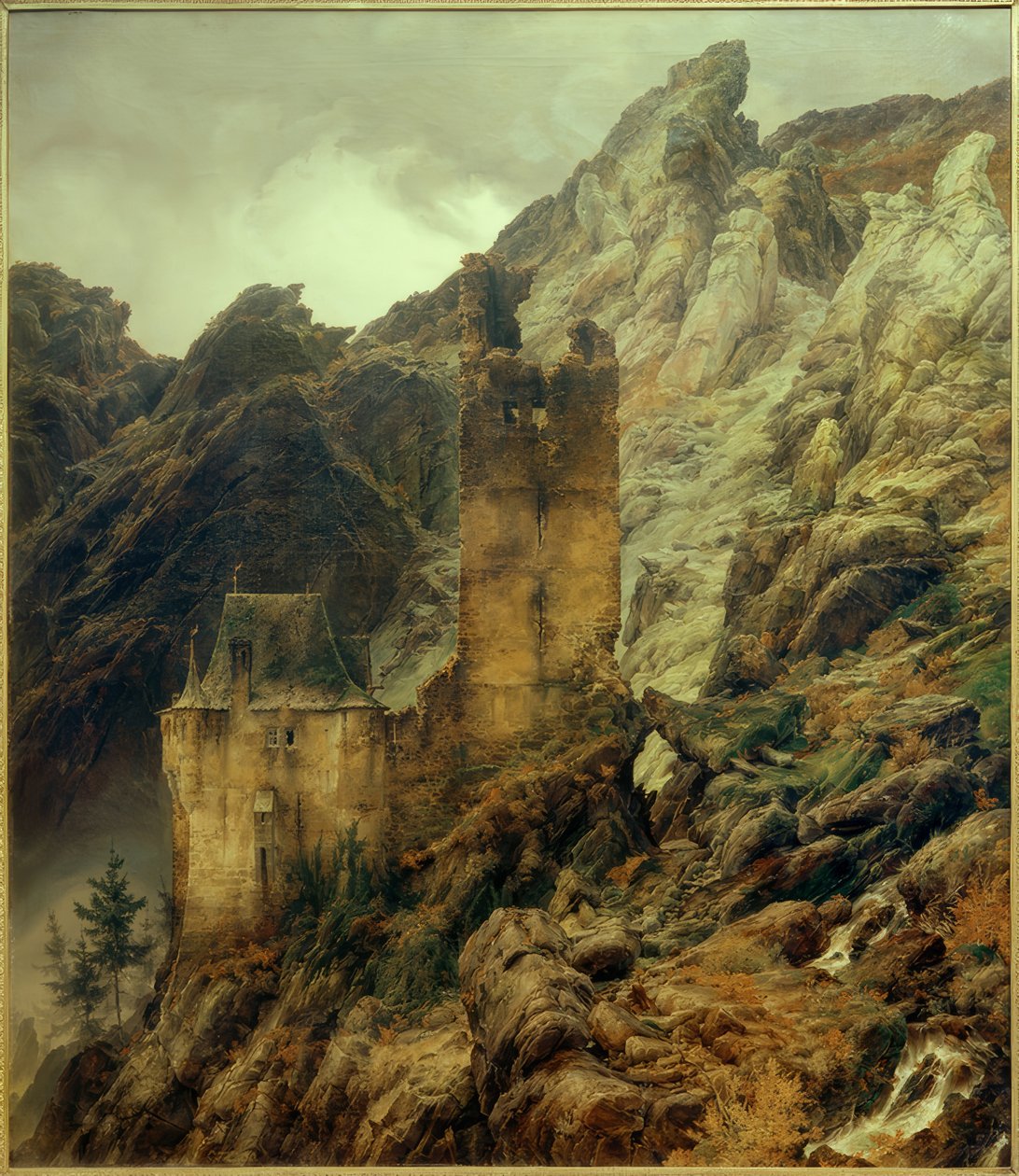 C.F.Lessing, skalnatá krajina: rokle s ruinami od Carl Friedrich Lessing