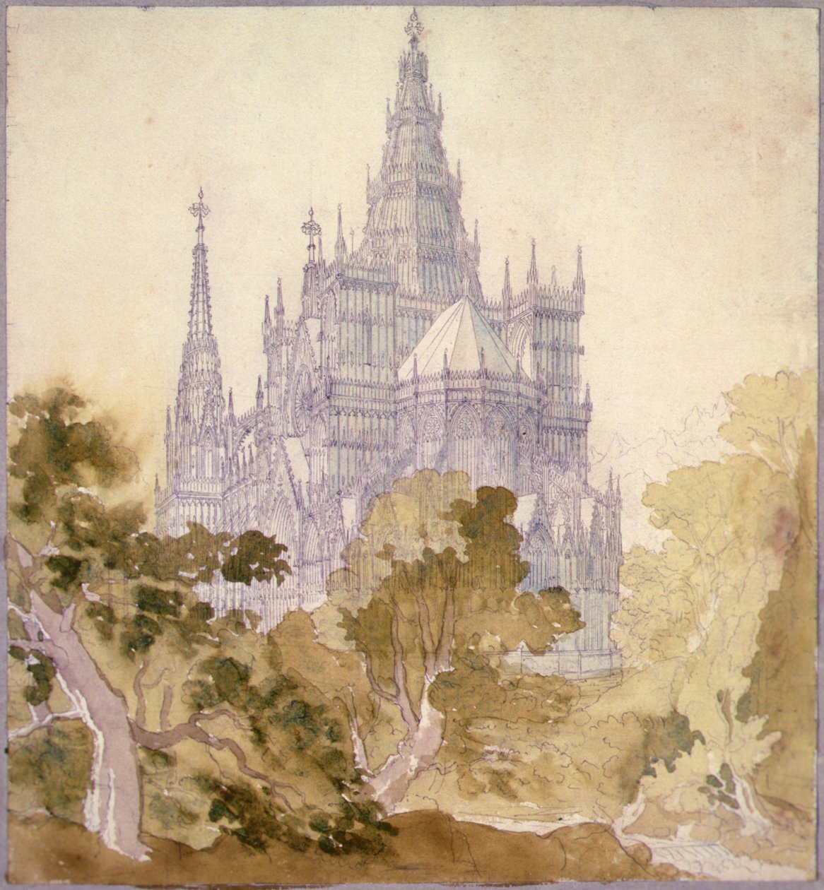 Zalesněná krajina s gotickým kostelem (tužka, inkoust a akvarel) od Karl Friedrich Schinkel