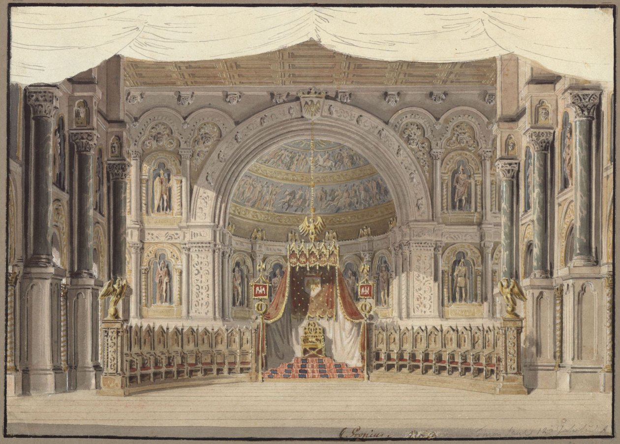 Agnes von Hohenstaufen. Opera Gaspareho Spontiniho. Návrh první scény. Císařský sál od Karl Friedrich Schinkel