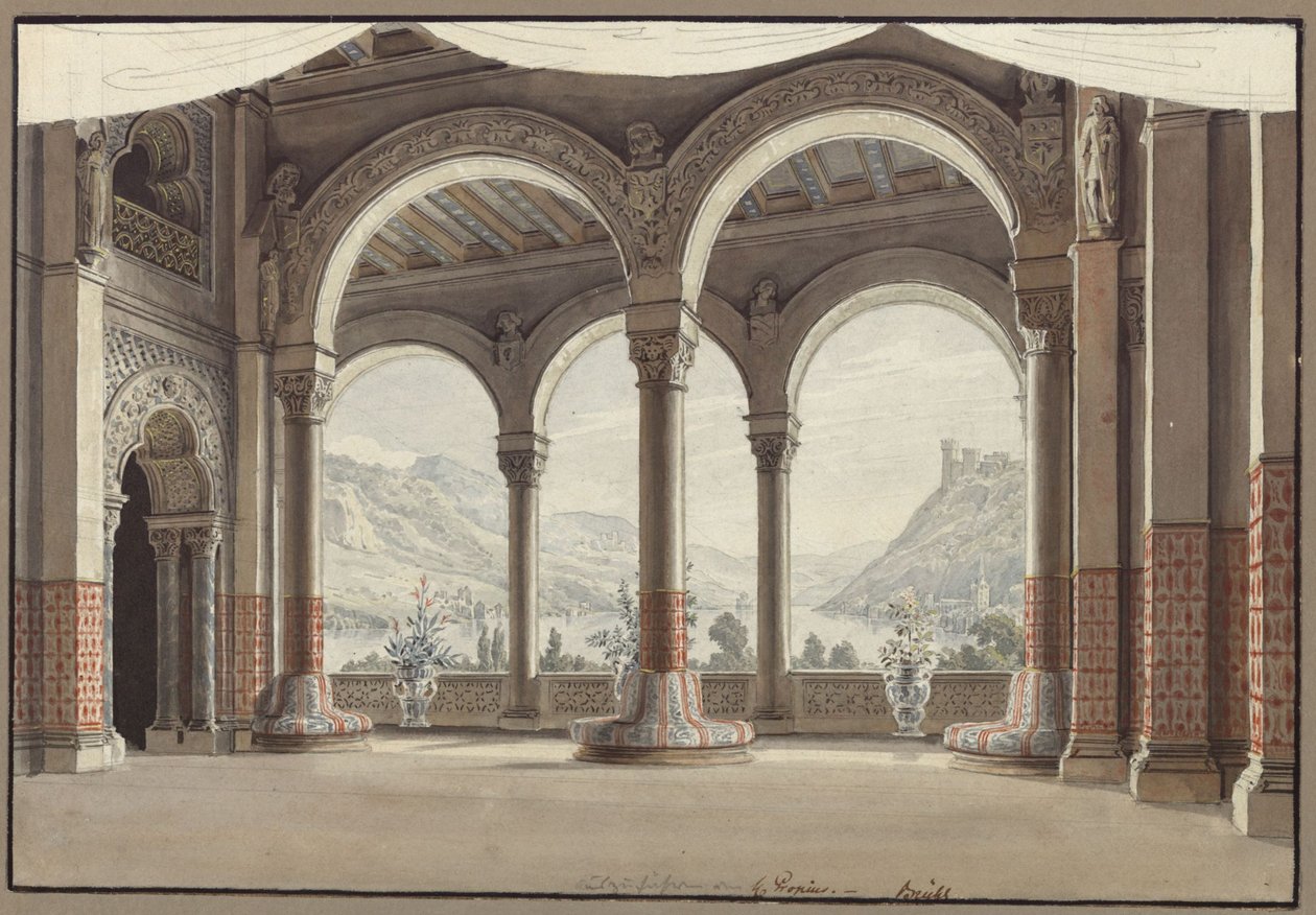 Agnes von Hohenstaufen. Opera Gaspareho Spontiniho. Návrh druhé scény. Otevřená hala od Karl Friedrich Schinkel