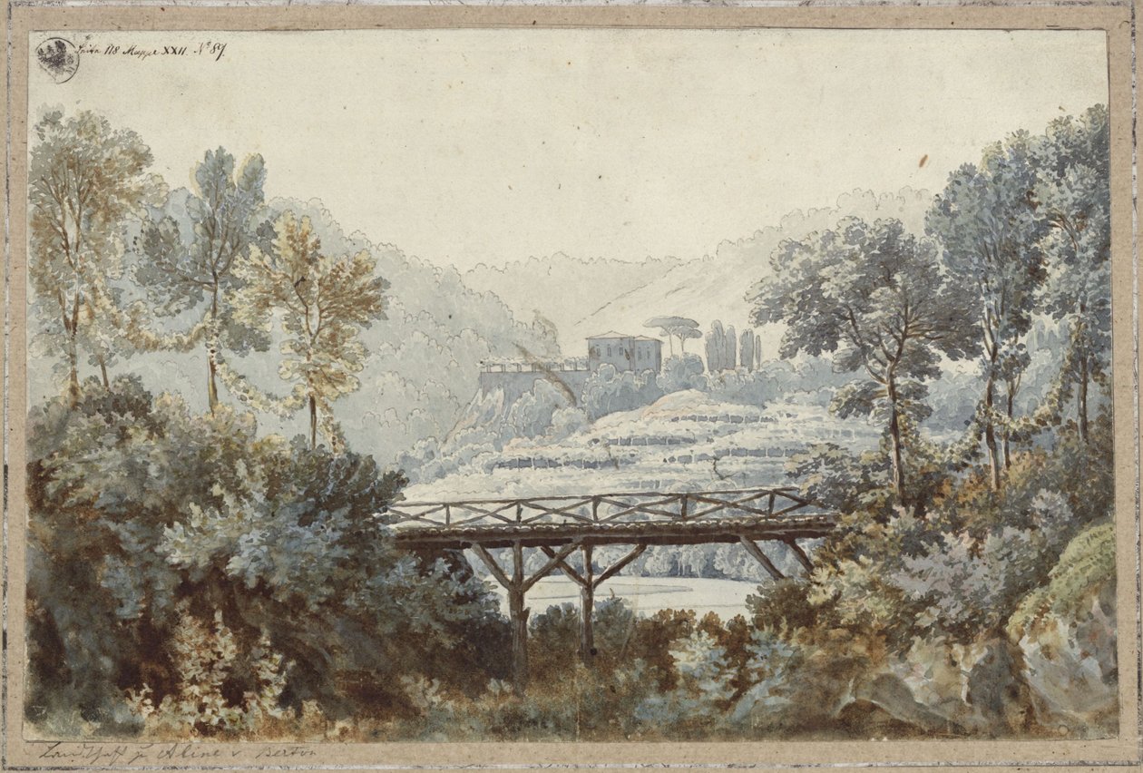 Aline, královna z Golkondy. Opera Henri-Montana Bertona. Návrh pro 2. dekoraci. Krajina s řekou a mostem od Karl Friedrich Schinkel
