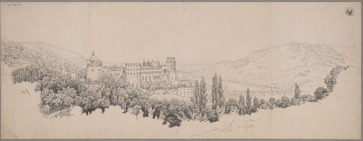 Pohled na Heidelberský zámek s mostem přes Neckar a údolím Neckaru od Karl Friedrich Schinkel