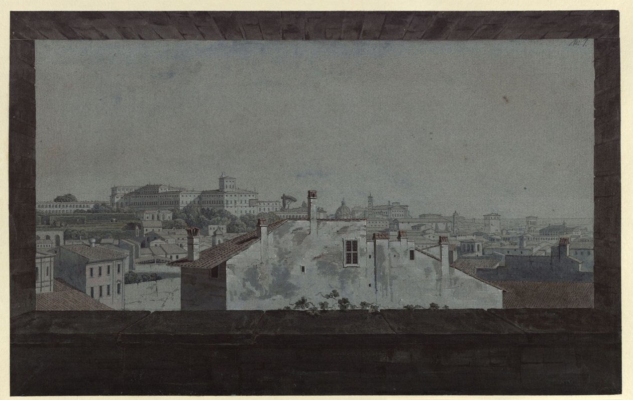 „Pohled na Kvirinálský palác a část Říma, nakreslený z okna bytu přítele“ od Karl Friedrich Schinkel