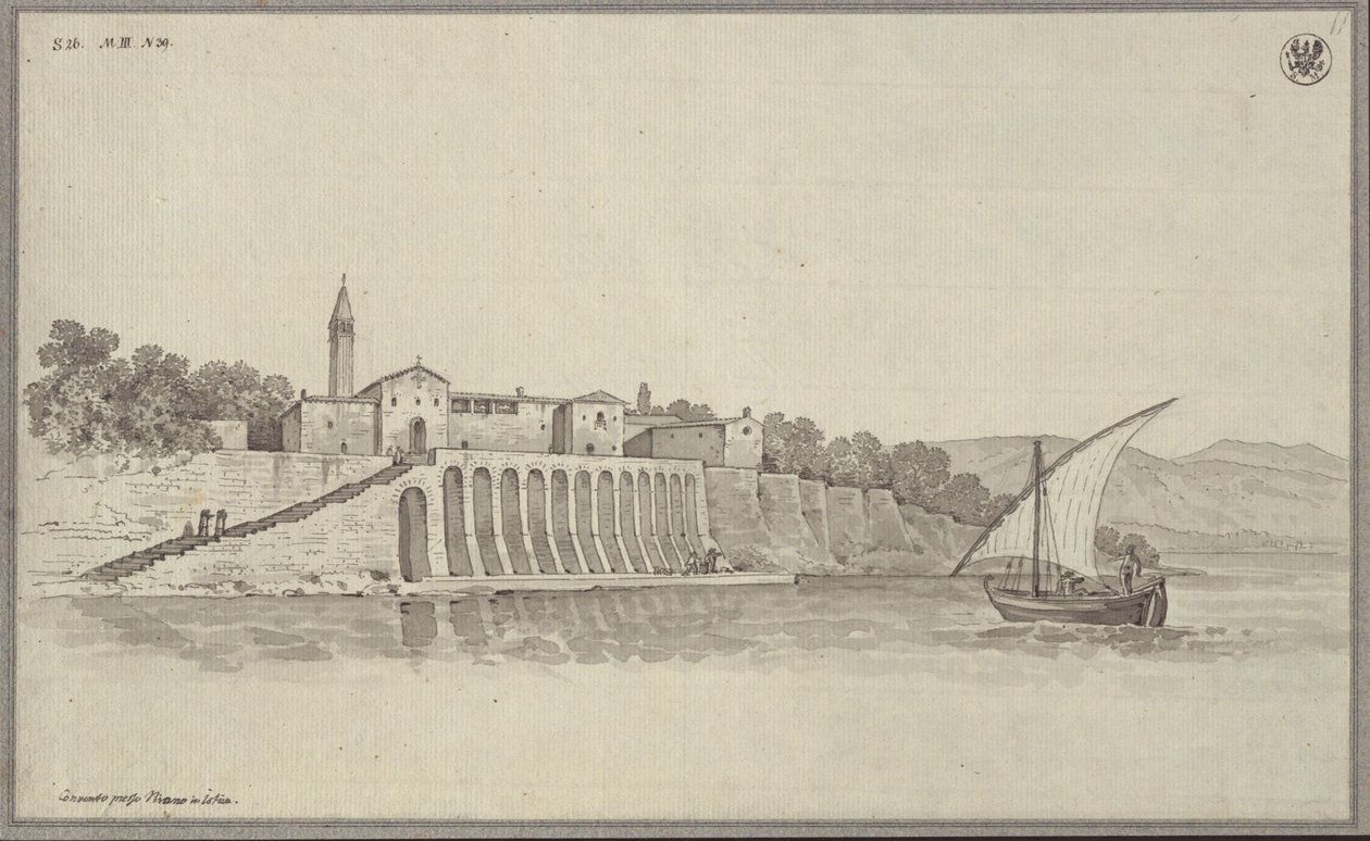 Pohled na bývalý františkánský klášter sv. Bernardina mezi Portorožem a Piranem v Istrii, Slovinsko od Karl Friedrich Schinkel