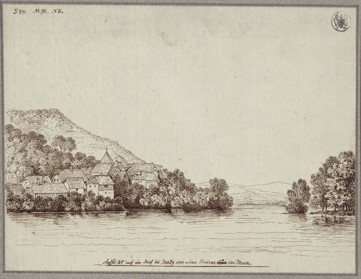 Pohled na vesnici u Štýrského Hradce z mostu přes Muru od Karl Friedrich Schinkel