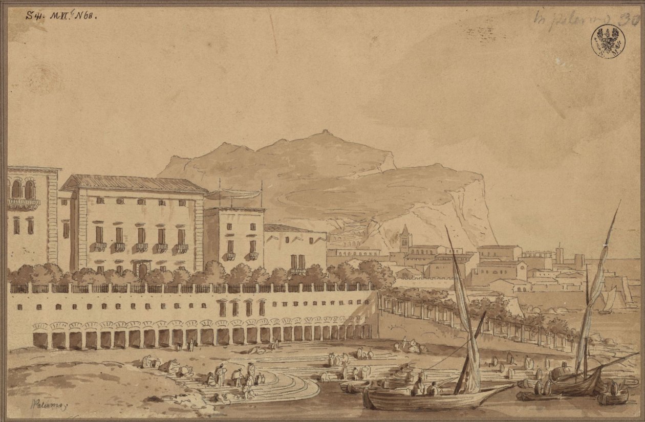 „Pohled z balkonu mého bytu v Palermu, malý městský přístav, v dálce Monte Pellegrino“ od Karl Friedrich Schinkel