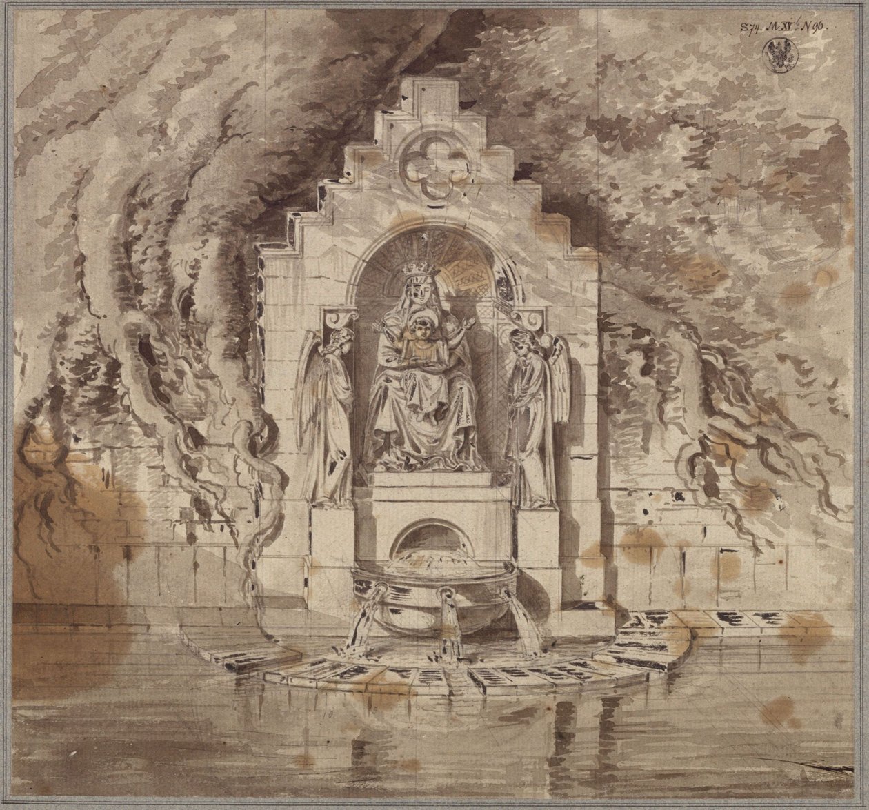 Architektonické provedení pramene se sochou Panny Marie a dvěma sochami andělů od Karl Friedrich Schinkel