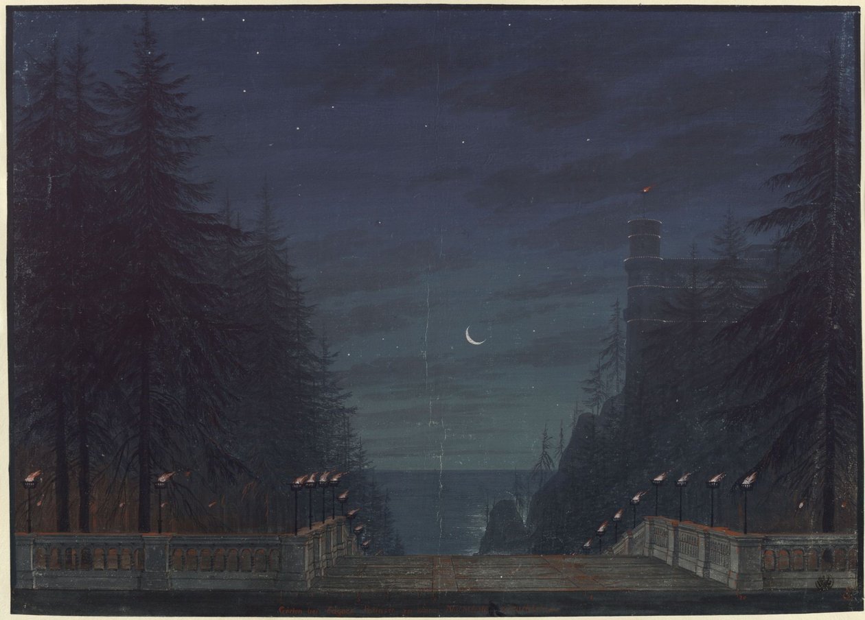 Ariodan. Opera Etienna Nicolase Méhula. Návrh druhé scény. Zahrada u Edgarova paláce od Karl Friedrich Schinkel