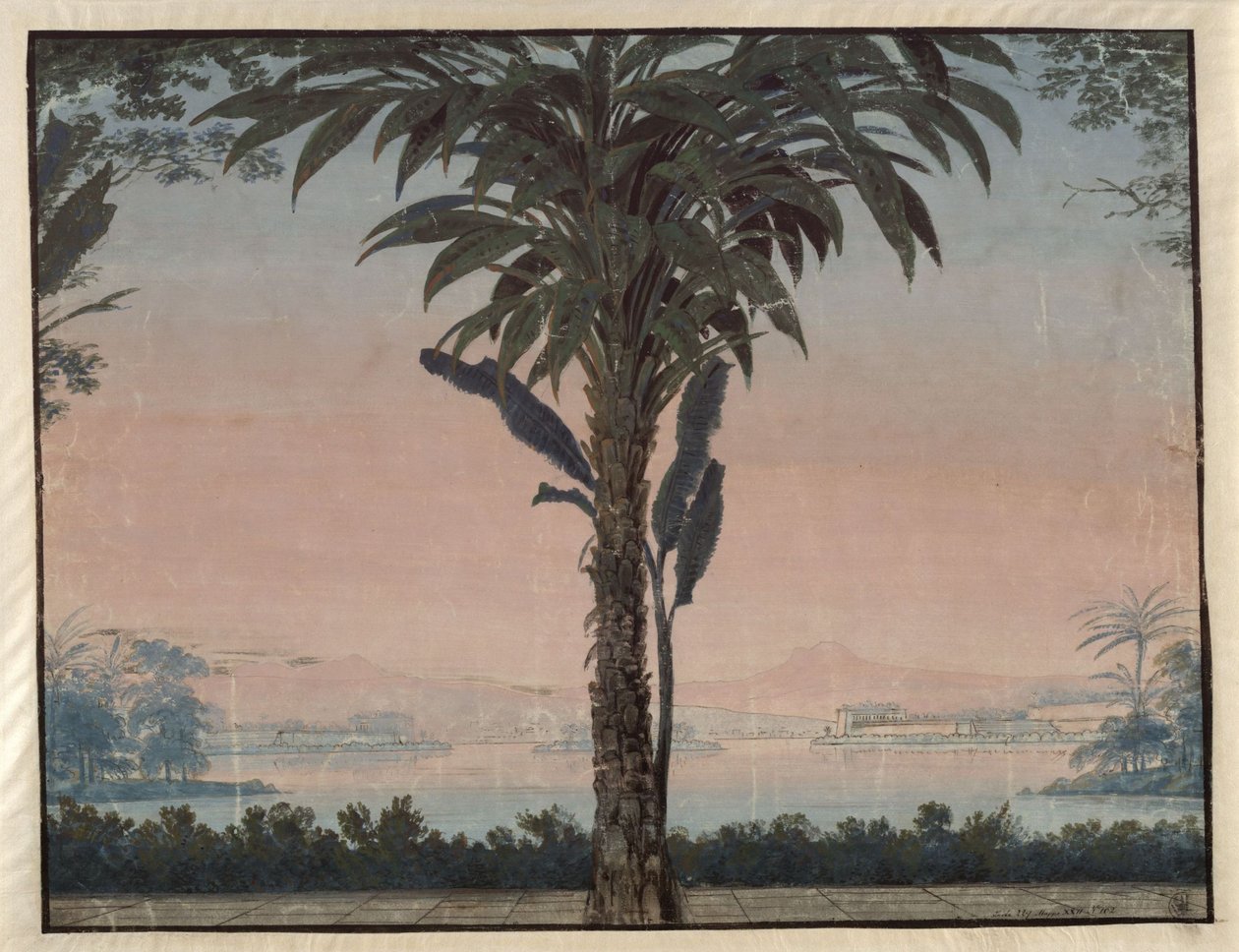 Athalia. Opera Johanna Nepomuka von Poissla. Návrh čtvrté scény. Zahrada velekněze s velkou palmou před vodní plochou od Karl Friedrich Schinkel