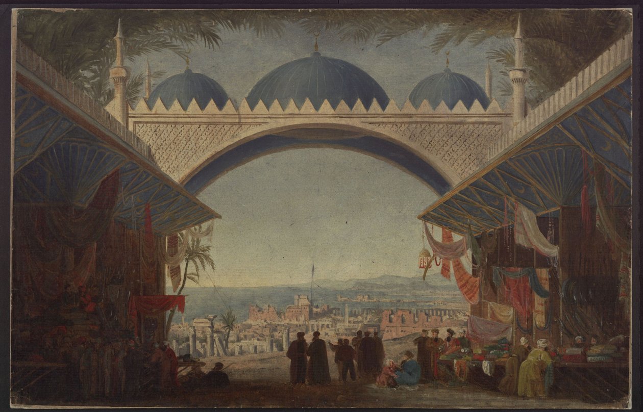 Aucassin a Nicolette. Opera Georga Abrahama Schneidera. Návrh páté scény. Bazar v Tunisu od Karl Friedrich Schinkel