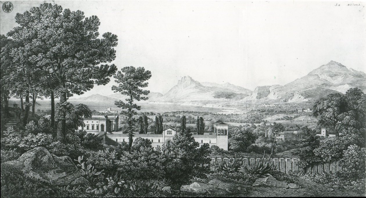 „Pohled z paláce knížete Valguarnery na část Bagherie u Palerma a Cefalùský záliv“ od Karl Friedrich Schinkel