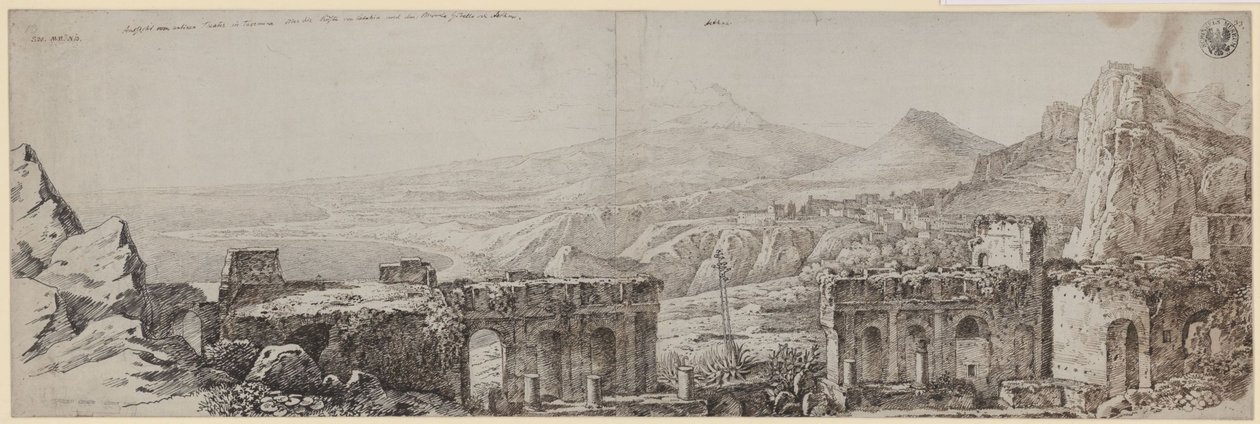 „Pohled z antického divadla v Taormině přes pobřeží Catanie a Monte Gibello neboli Etnu“ od Karl Friedrich Schinkel