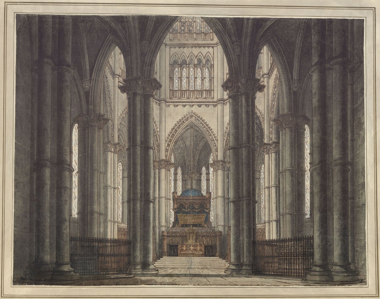 Axel a Walburg. Tragédie Adama Oehlenschlägera. Návrh výzdoby. Interiér hrobkového kostela od Karl Friedrich Schinkel