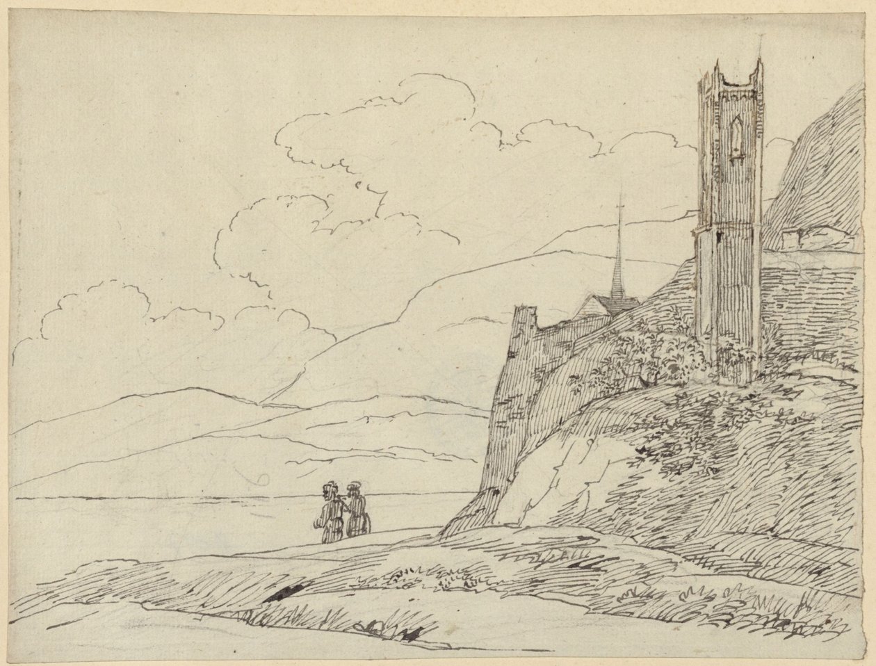 Horská krajina se zříceninami věže a postavami od Karl Friedrich Schinkel