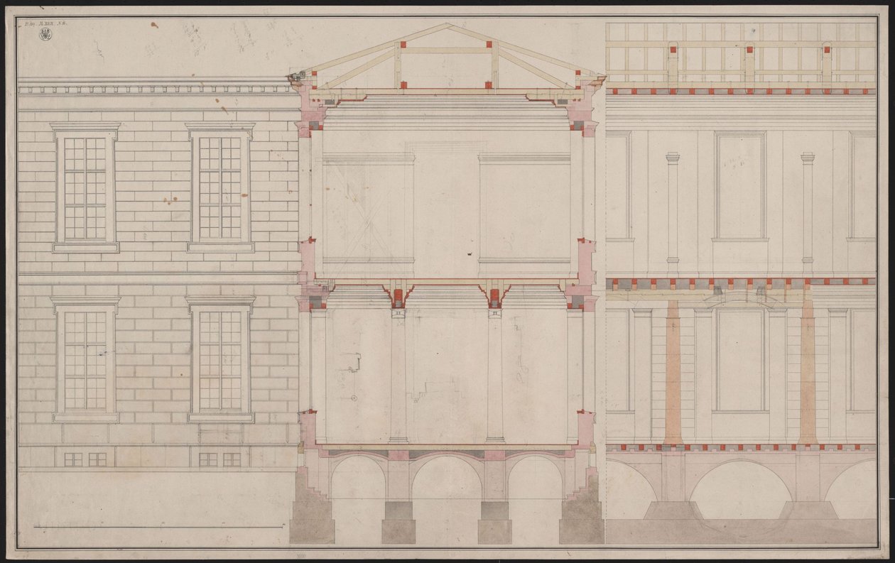 Berlín. Budova Akademie Unter den Linden. Částečný pohled na fasádu, detail částečného podélného řezu a příčný řez od Karl Friedrich Schinkel