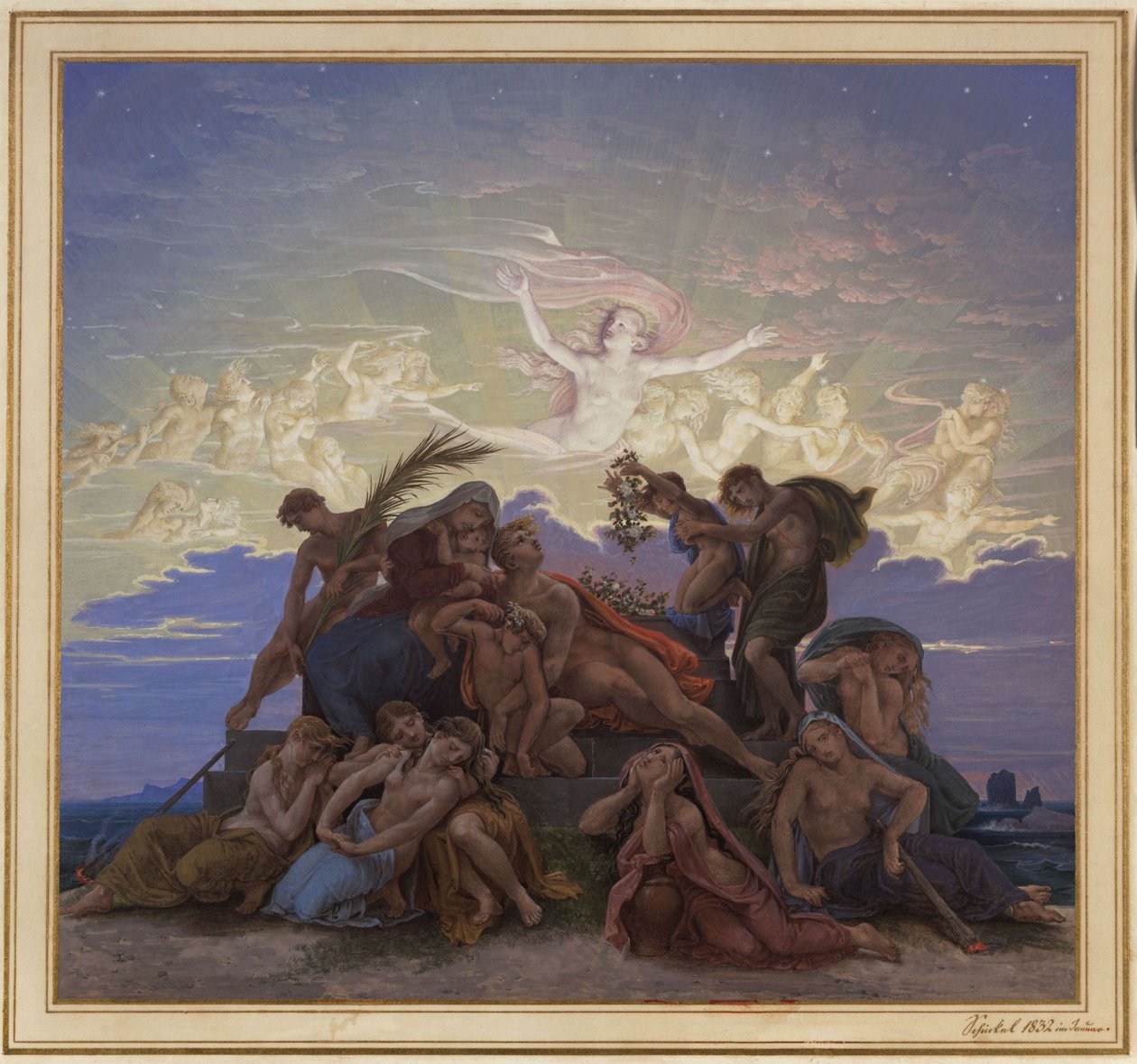 Berlín. Staré muzeum u Lustgartenu. Návrh nástěnné malby „Smutek u mohyly“ od Karl Friedrich Schinkel