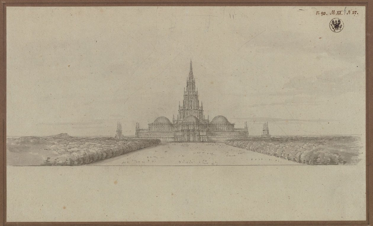 Berlín. Návrh katedrály jako památníku osvobozeneckých válek (Katedrála osvobození) s věží nad křížením a kopulemi nad rameny transeptu od Karl Friedrich Schinkel