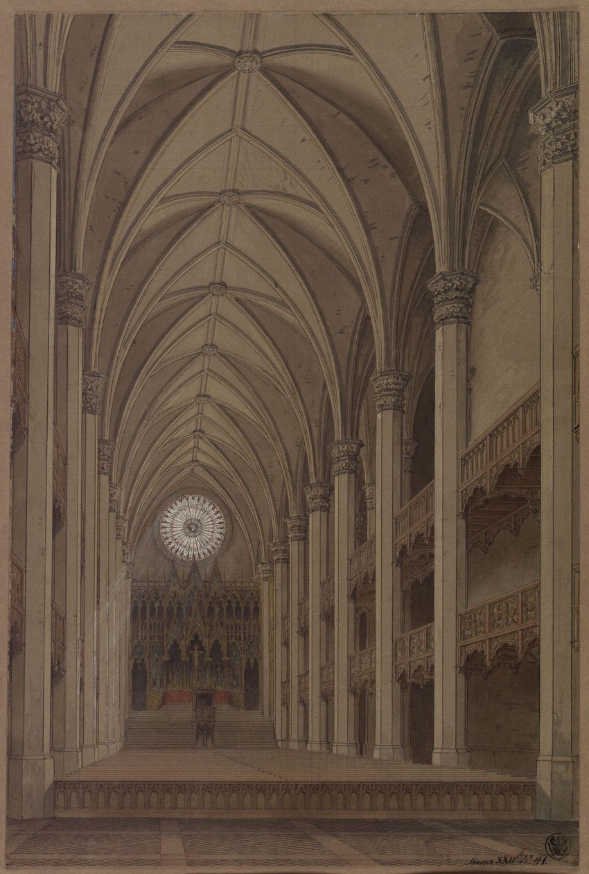 Berlín. Petrikův kostel. Návrh na přestavbu v gotickém stylu. Pohled do interiéru směrem k oltáři od Karl Friedrich Schinkel