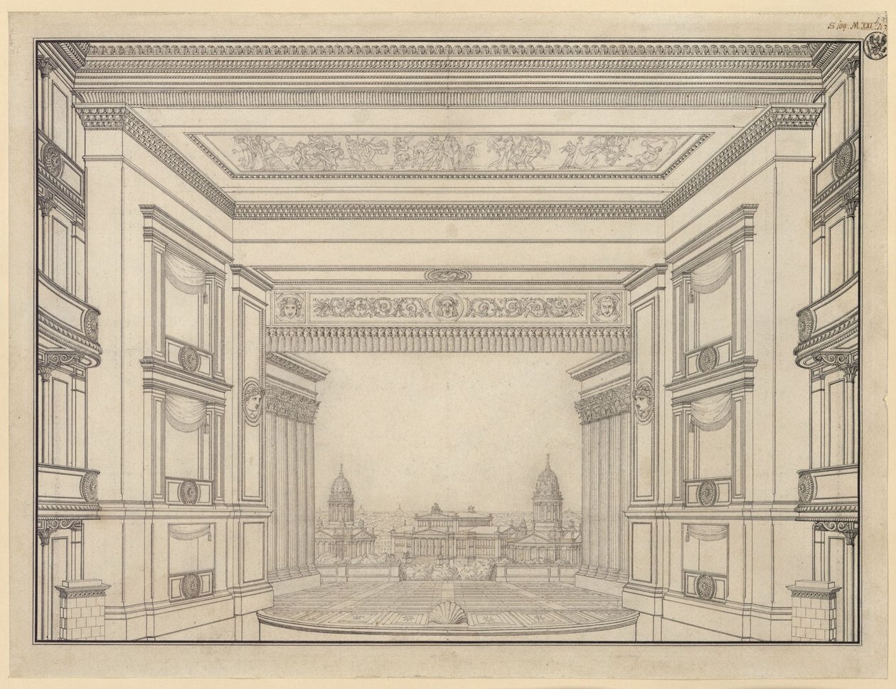 Berlín. Divadlo Schauspielhaus na Gendarmenmarktu, jeviště od Karl Friedrich Schinkel