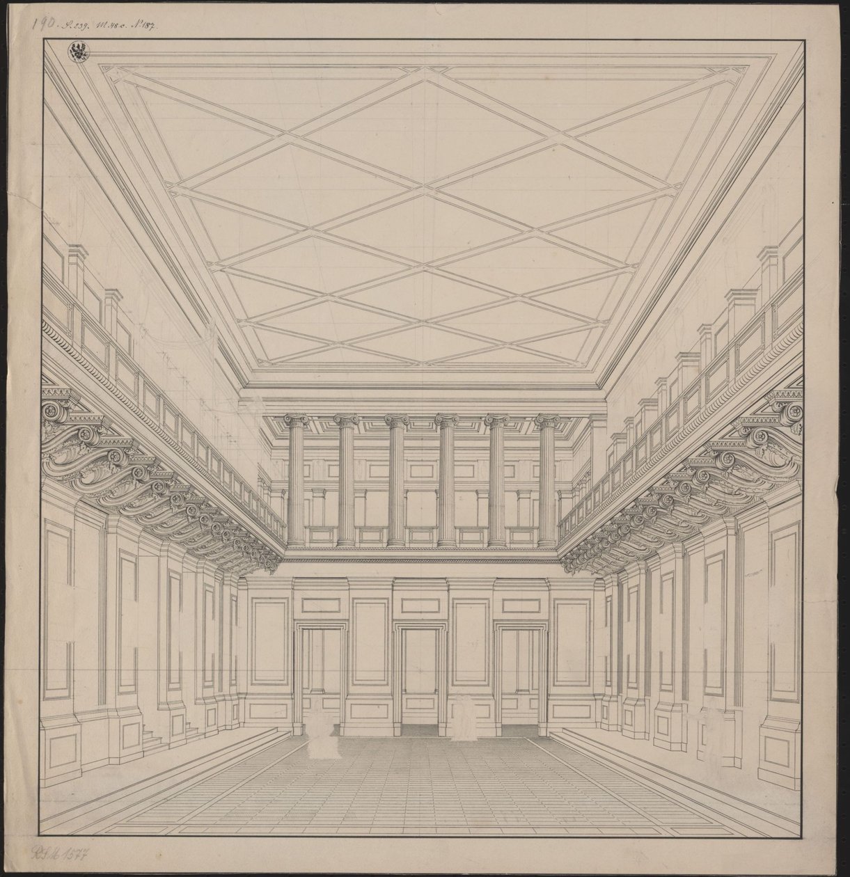 Berlín. Schauspielhaus na Gendarmenmarktu, koncertní sál. Pohled od Karl Friedrich Schinkel