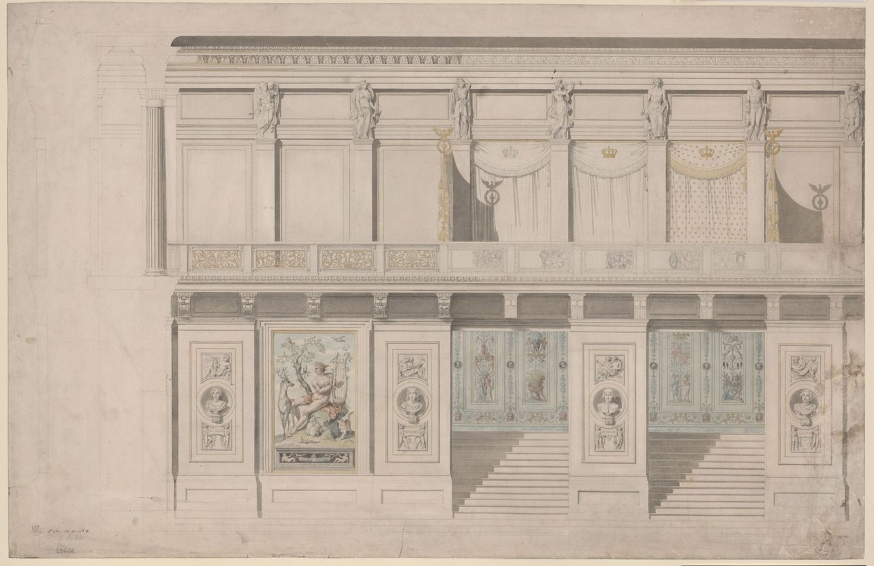 Berlín. Divadlo Schauspielhaus na náměstí Gendarmenmarkt, koncertní sál. Půdorys podélné stěny od Karl Friedrich Schinkel