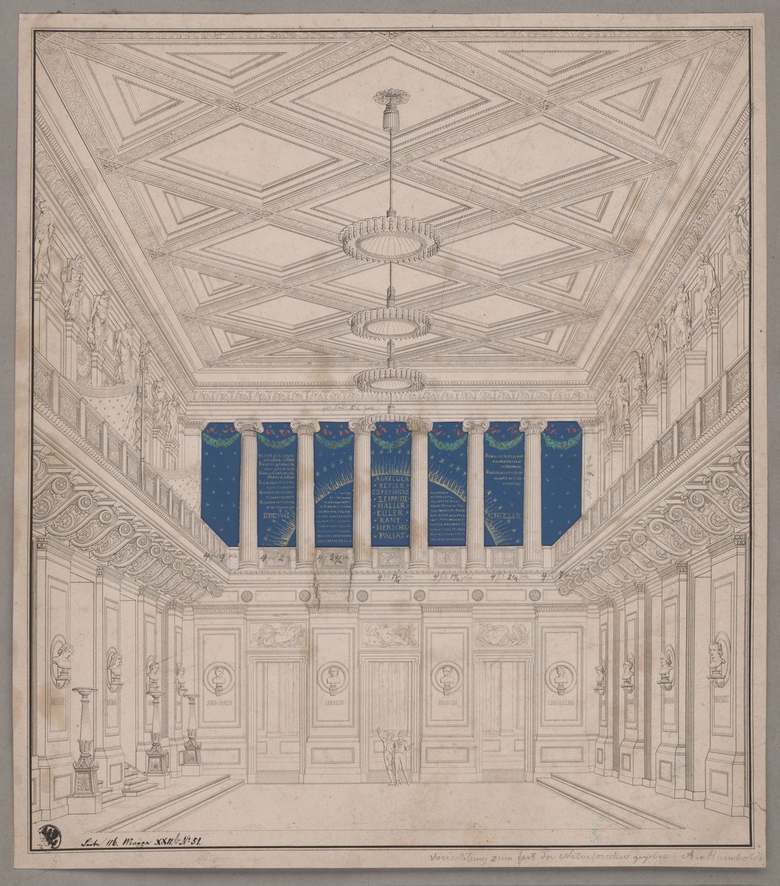Berlín. Divadlo Schauspielhaus na Gendarmenmarktu, koncertní sál.  Výzdoba k oslavě přírodovědců od Karl Friedrich Schinkel