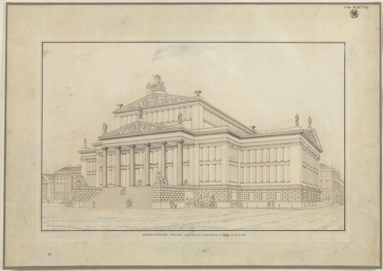 Berlín. Činoherní divadlo na Gendarmenmarktu. Perspektivní pohled na průčelí od Karl Friedrich Schinkel