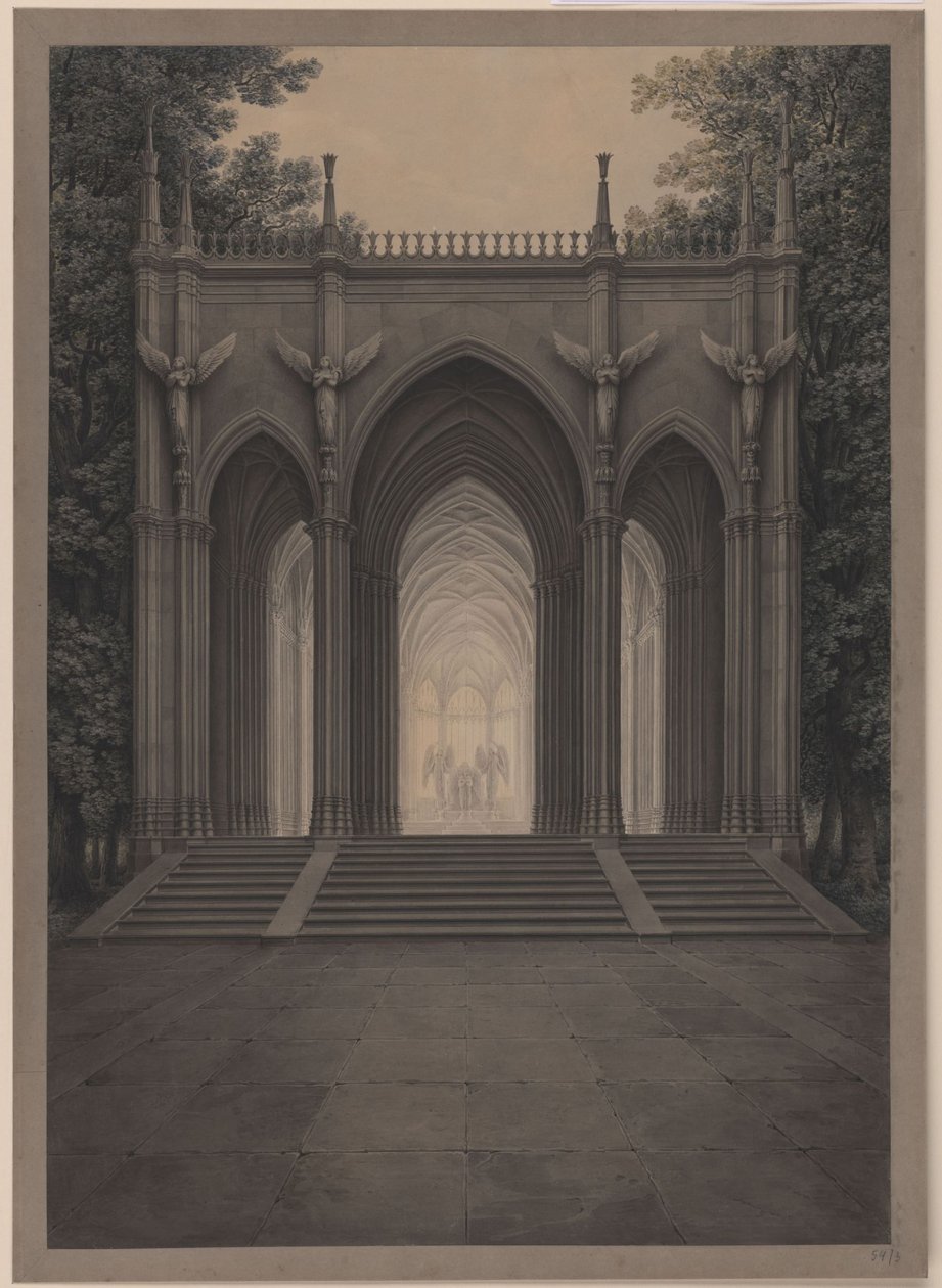 Berlín. Zámek Charlottenburg, zámecký park, mauzoleum královny Luise. Pohled od Karl Friedrich Schinkel