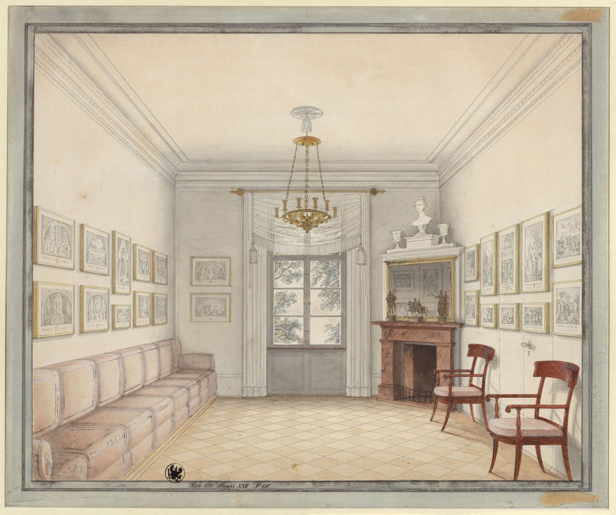 Berlín. Zámek Charlottenburg, zámecký park, Nový pavilon (Schinkelův pavilon). Pohled na Bílý pokoj jako vzor pro úpravu místností v horním patře od Karl Friedrich Schinkel